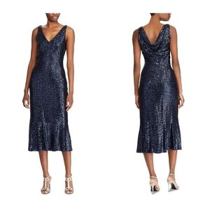RALPH LAUREN Womens Navy Sequined Sleeveless V Neck Midi Evening Sheath Dress